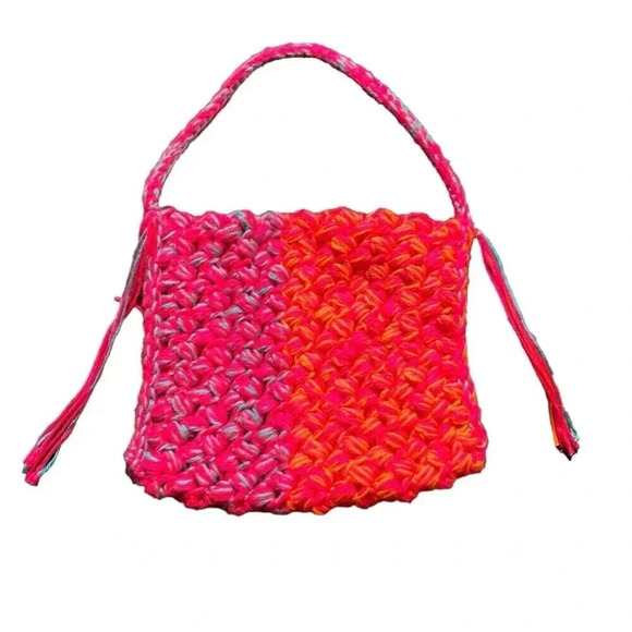 Crochet Shoulder Tote Handbag Pink Orange Blue Medium Bright Tassel Handmade - Picture 2 of 7